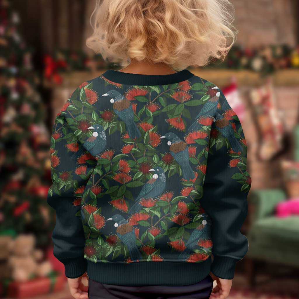 New Zealand Christmas Kid Ugly Christmas Sweater Romantic Tui Birds on Pohutukawa - Cobalt LT7 - Polynesian Pride