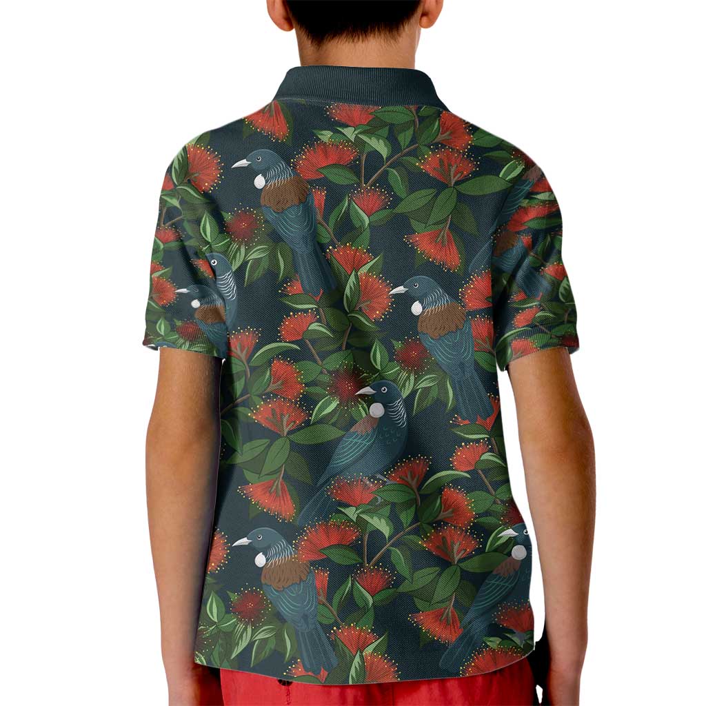 New Zealand Christmas Kid Polo Shirt Romantic Tui Birds on Pohutukawa - Cobalt LT7 - Polynesian Pride