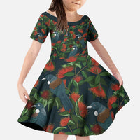 New Zealand Christmas Kid Short Sleeve Dress Romantic Tui Birds on Pohutukawa - Cobalt LT7 KID Cobalt - Polynesian Pride