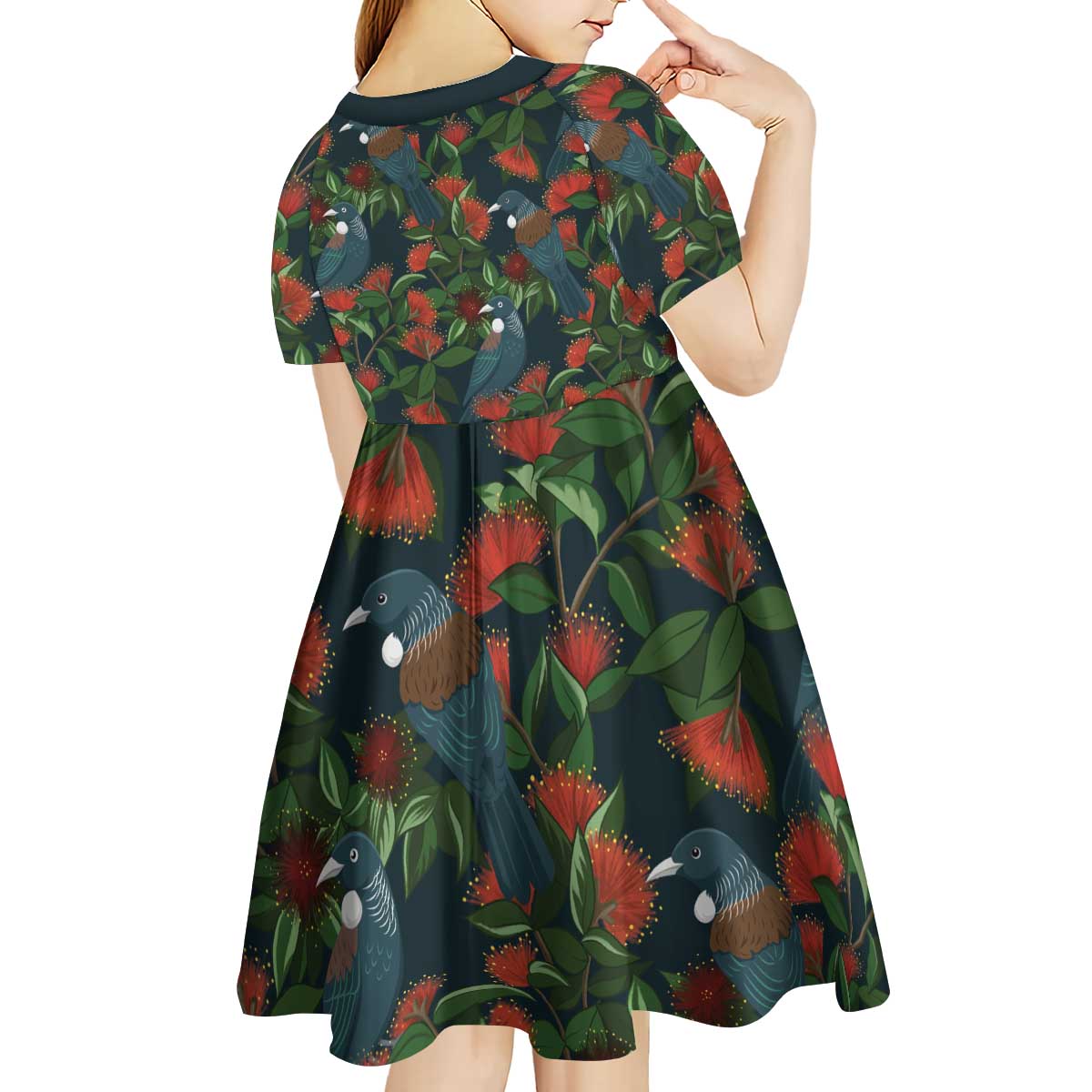 New Zealand Christmas Kid Short Sleeve Dress Romantic Tui Birds on Pohutukawa - Cobalt LT7 - Polynesian Pride
