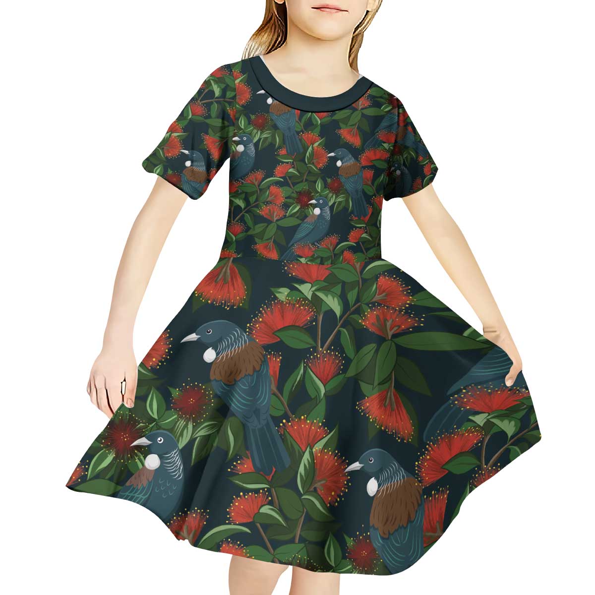 New Zealand Christmas Kid Short Sleeve Dress Romantic Tui Birds on Pohutukawa - Cobalt LT7 - Polynesian Pride