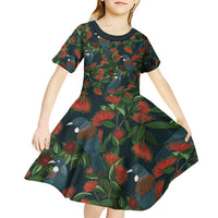 New Zealand Christmas Kid Short Sleeve Dress Romantic Tui Birds on Pohutukawa - Cobalt LT7 - Polynesian Pride