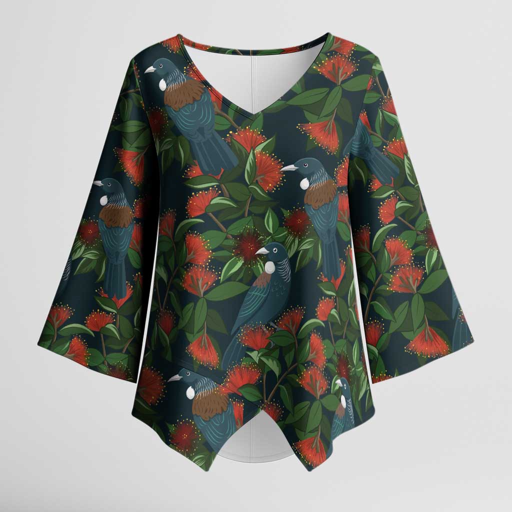 New Zealand Christmas Kimono Sleeve Blouse Romantic Tui Birds on Pohutukawa - Cobalt LT7 Female Cobalt - Polynesian Pride