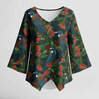 New Zealand Christmas Kimono Sleeve Blouse Romantic Tui Birds on Pohutukawa - Cobalt LT7 Female Cobalt - Polynesian Pride