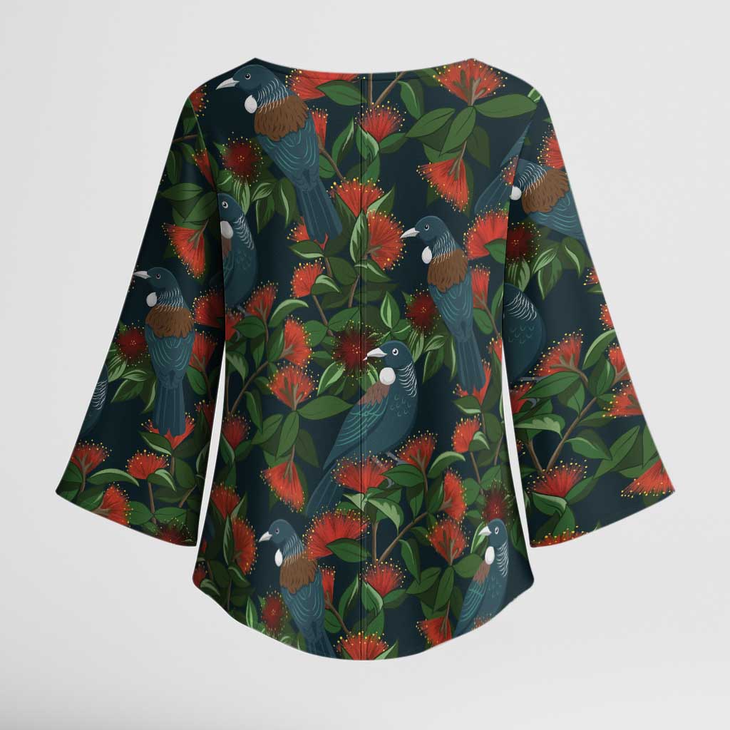 New Zealand Christmas Kimono Sleeve Blouse Romantic Tui Birds on Pohutukawa - Cobalt LT7 - Polynesian Pride