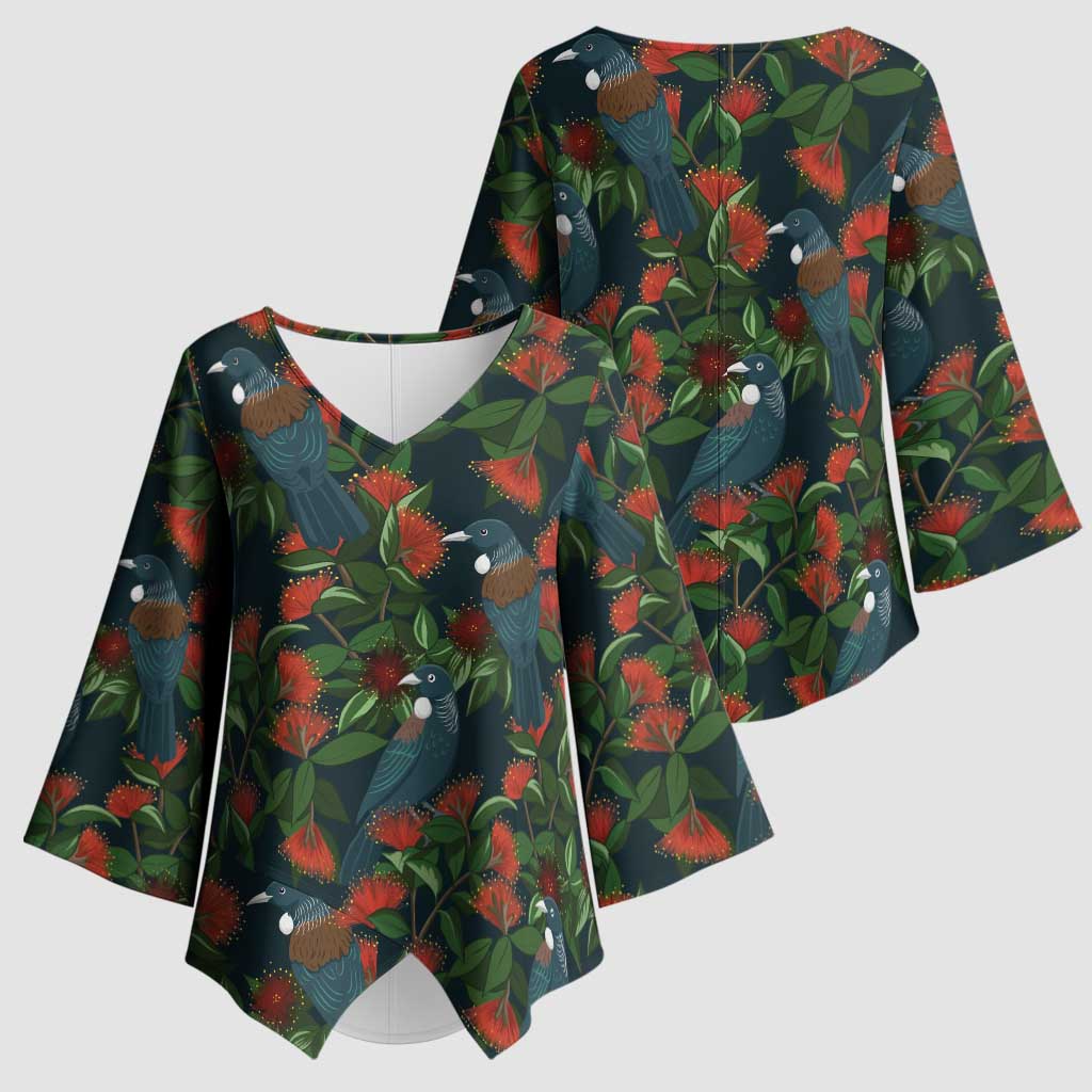 New Zealand Christmas Kimono Sleeve Blouse Romantic Tui Birds on Pohutukawa - Cobalt LT7 - Polynesian Pride