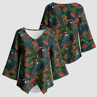 New Zealand Christmas Kimono Sleeve Blouse Romantic Tui Birds on Pohutukawa - Cobalt LT7 - Polynesian Pride