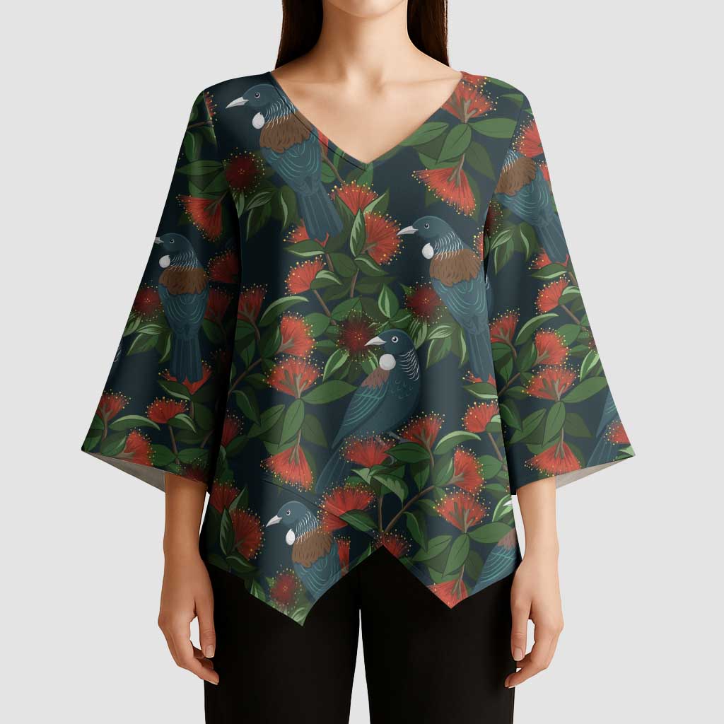 New Zealand Christmas Kimono Sleeve Blouse Romantic Tui Birds on Pohutukawa - Cobalt LT7 - Polynesian Pride