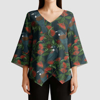 New Zealand Christmas Kimono Sleeve Blouse Romantic Tui Birds on Pohutukawa - Cobalt LT7 - Polynesian Pride