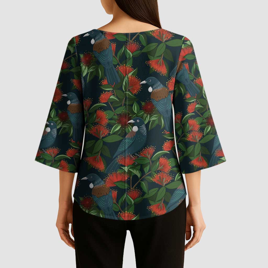 New Zealand Christmas Kimono Sleeve Blouse Romantic Tui Birds on Pohutukawa - Cobalt LT7 - Polynesian Pride