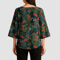New Zealand Christmas Kimono Sleeve Blouse Romantic Tui Birds on Pohutukawa - Cobalt LT7 - Polynesian Pride