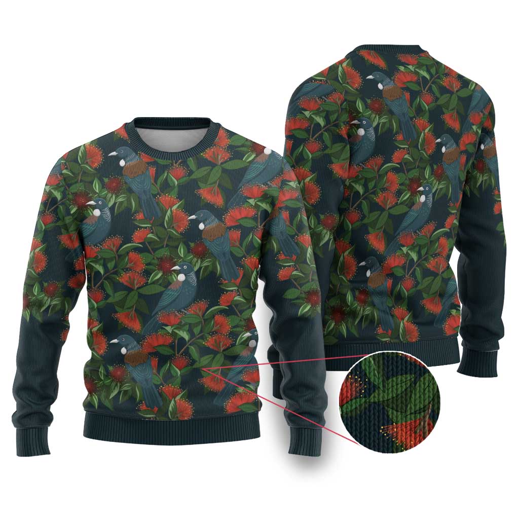 New Zealand Christmas Ugly Christmas Sweater Romantic Tui Birds on Pohutukawa - Cobalt - Polynesian Pride