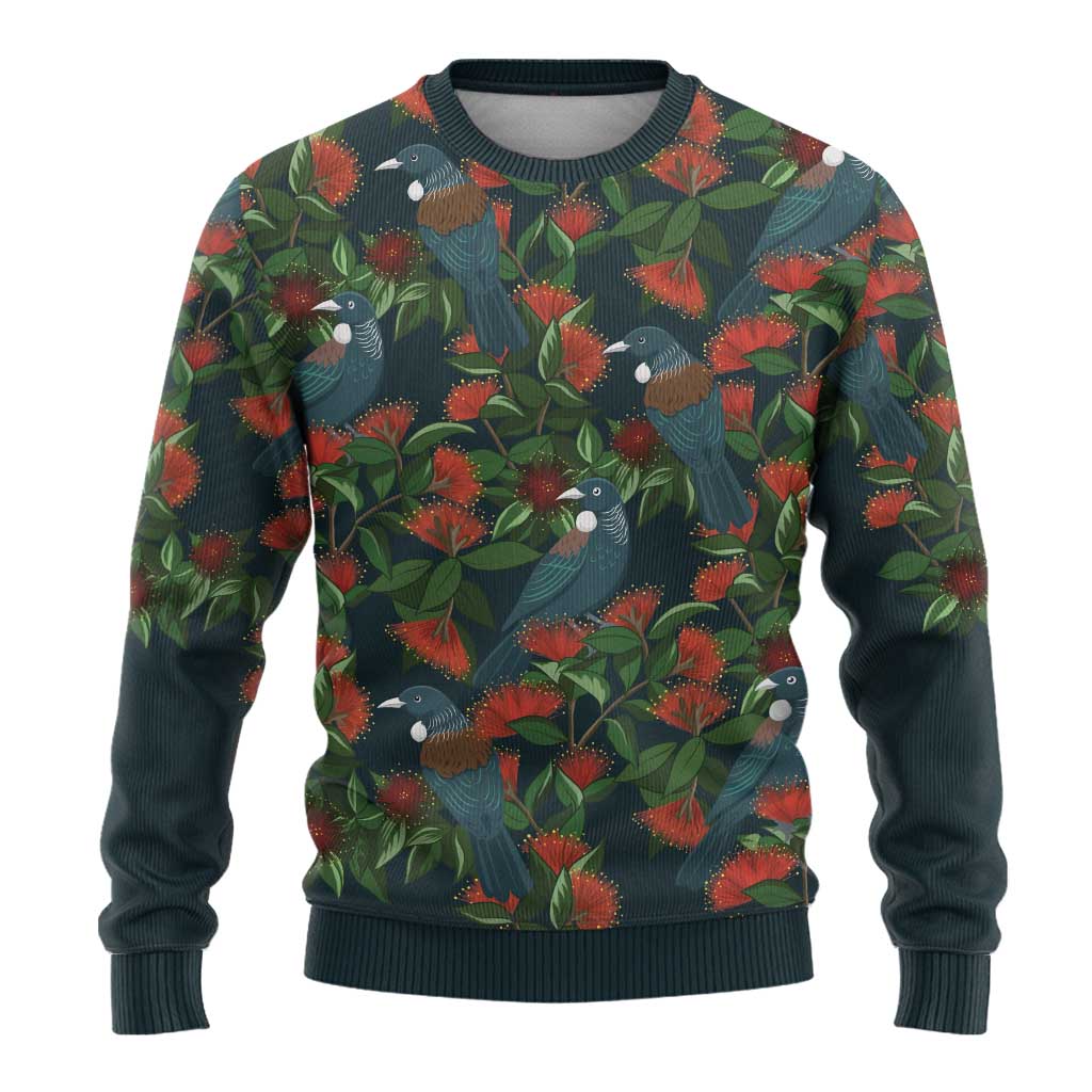 New Zealand Christmas Ugly Christmas Sweater Romantic Tui Birds on Pohutukawa - Cobalt LT7 - Polynesian Pride