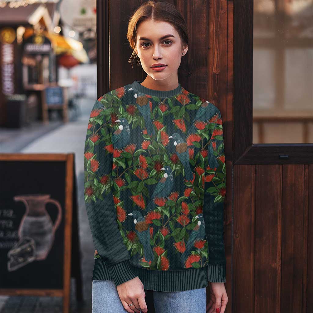 New Zealand Christmas Ugly Christmas Sweater Romantic Tui Birds on Pohutukawa - Cobalt LT7 - Polynesian Pride