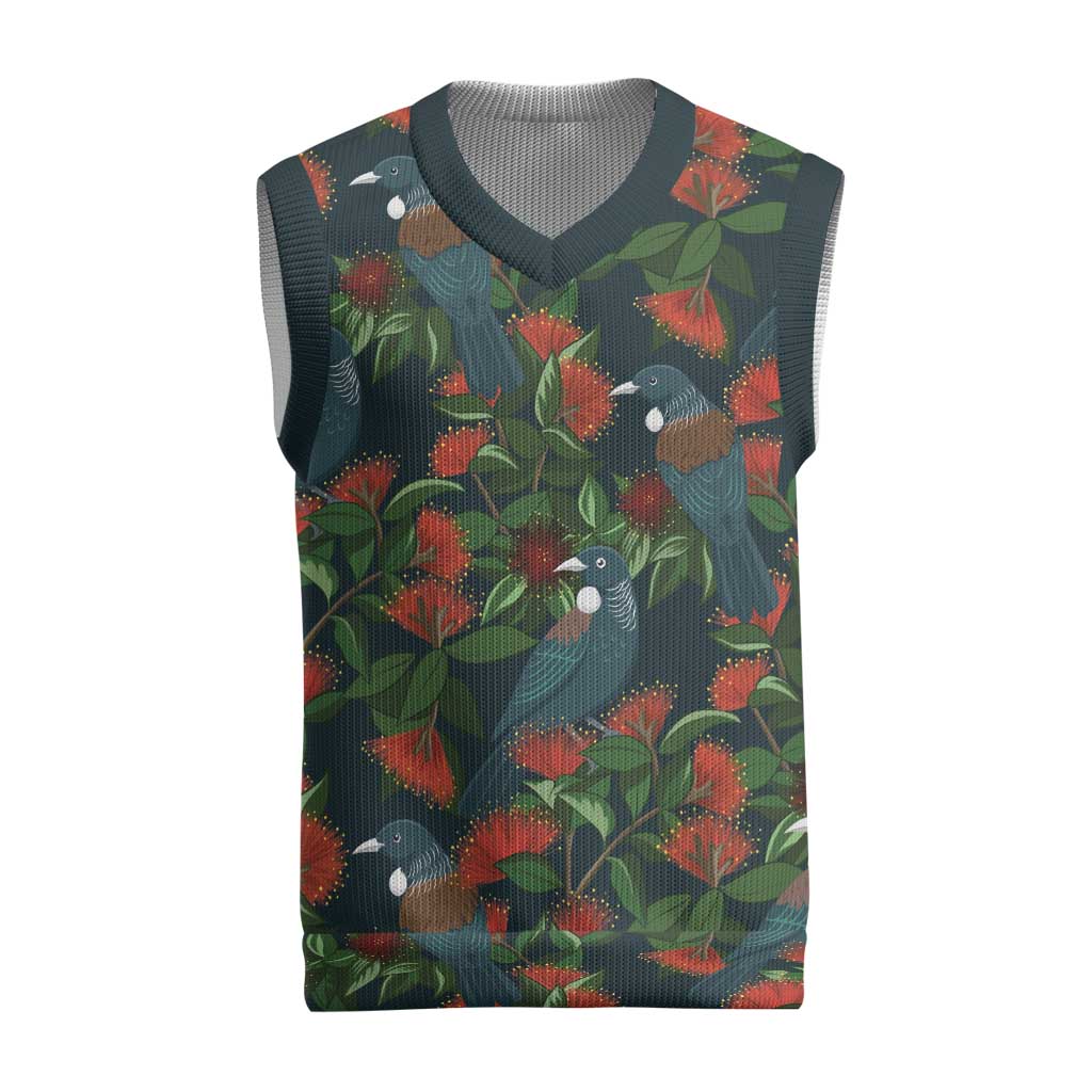 New Zealand Christmas Knitted V-Neck Vest Romantic Tui Birds on Pohutukawa - Cobalt LT7 Cobalt - Polynesian Pride