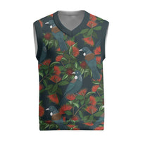 New Zealand Christmas Knitted V-Neck Vest Romantic Tui Birds on Pohutukawa - Cobalt LT7 Cobalt - Polynesian Pride
