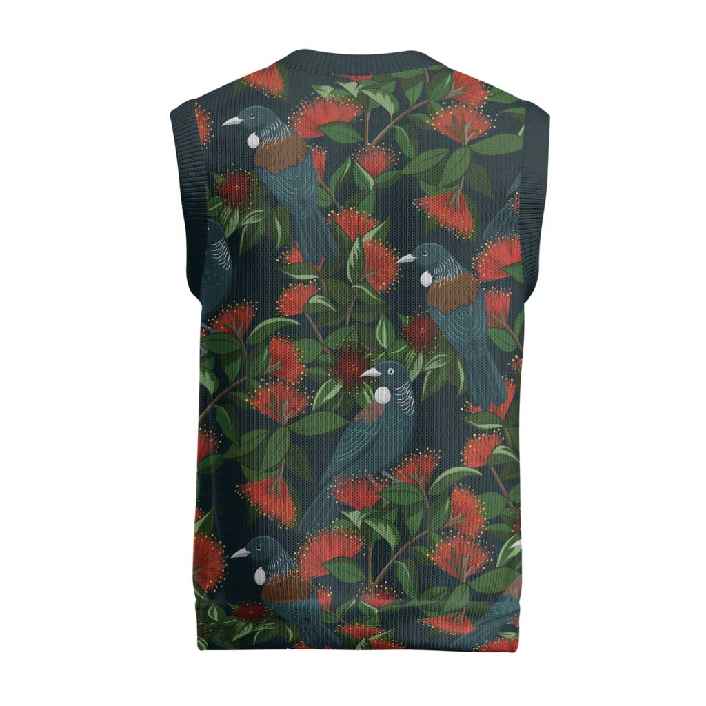 New Zealand Christmas Knitted V-Neck Vest Romantic Tui Birds on Pohutukawa - Cobalt LT7 - Polynesian Pride