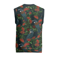 New Zealand Christmas Knitted V-Neck Vest Romantic Tui Birds on Pohutukawa - Cobalt LT7 - Polynesian Pride