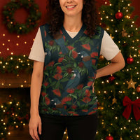 New Zealand Christmas Knitted V-Neck Vest Romantic Tui Birds on Pohutukawa - Cobalt LT7 - Polynesian Pride