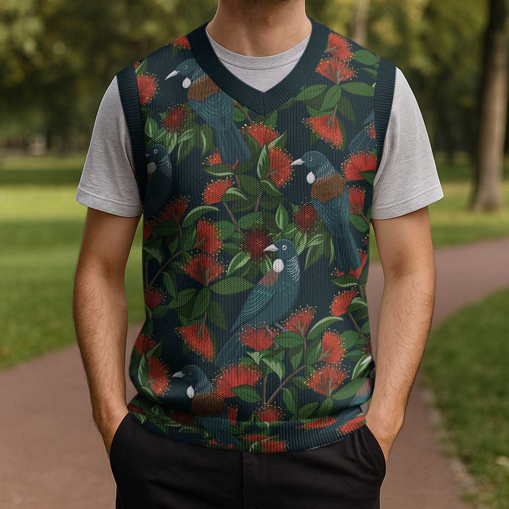 New Zealand Christmas Knitted V-Neck Vest Romantic Tui Birds on Pohutukawa - Cobalt LT7 - Polynesian Pride