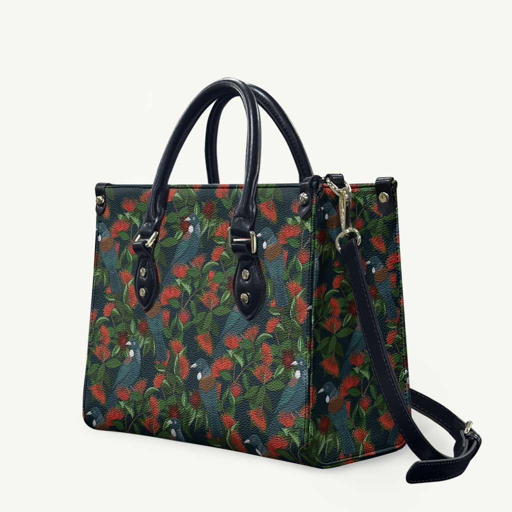 New Zealand Christmas Leather Bag Romantic Tui Birds on Pohutukawa - Cobalt - Polynesian Pride