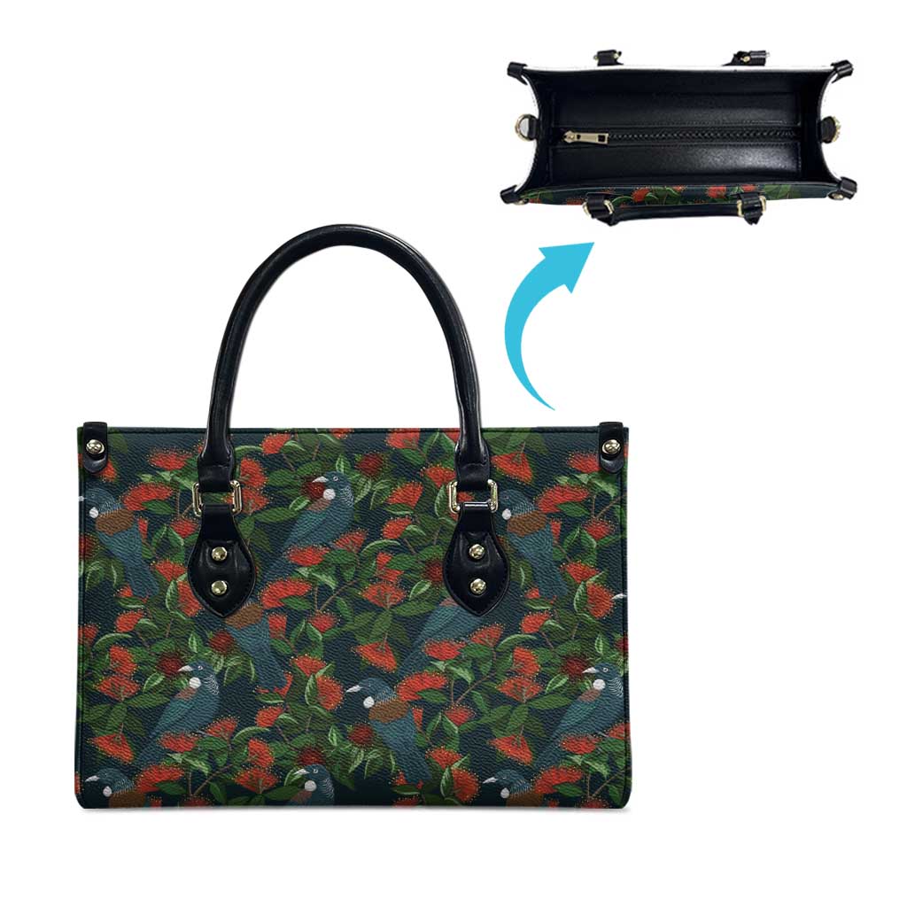 New Zealand Christmas Leather Bag Romantic Tui Birds on Pohutukawa - Cobalt - Polynesian Pride