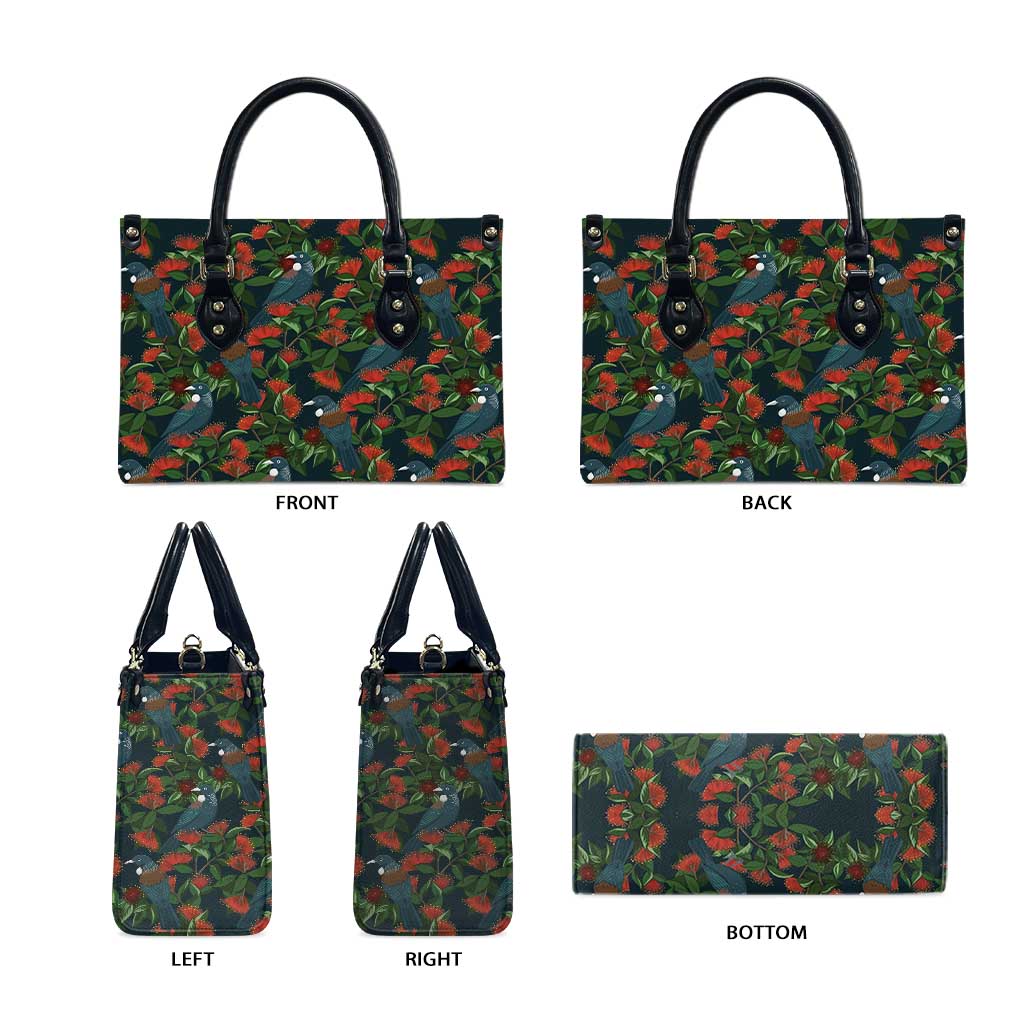 New Zealand Christmas Leather Bag Romantic Tui Birds on Pohutukawa - Cobalt - Polynesian Pride