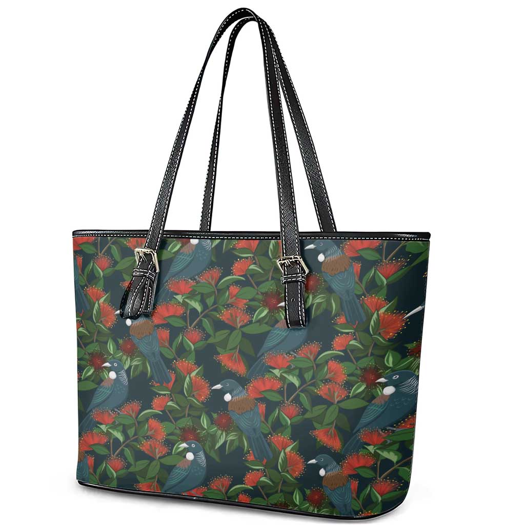 New Zealand Christmas Leather Tote Bag Romantic Tui Birds on Pohutukawa - Cobalt LT7 - Polynesian Pride