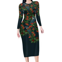 New Zealand Christmas Long Sleeve Bodycon Dress Romantic Tui Birds on Pohutukawa - Cobalt LT7 Long Dress Cobalt - Polynesian Pride