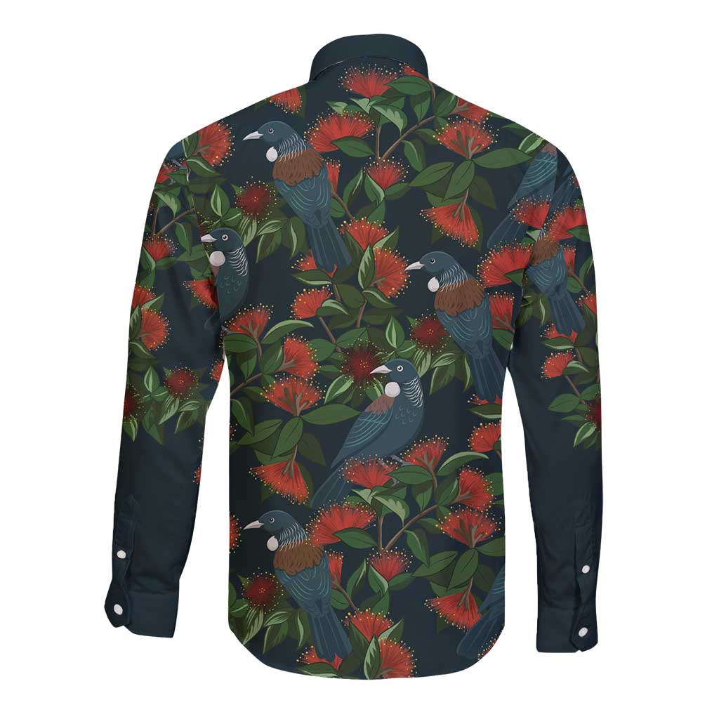 New Zealand Christmas Long Sleeve Button Shirt Romantic Tui Birds on Pohutukawa - Cobalt LT7 - Polynesian Pride
