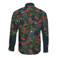 New Zealand Christmas Long Sleeve Button Shirt Romantic Tui Birds on Pohutukawa - Cobalt LT7 - Polynesian Pride