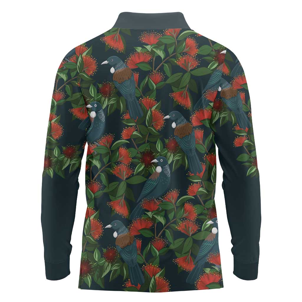 New Zealand Christmas Long Sleeve Polo Shirt Romantic Tui Birds on Pohutukawa - Cobalt LT7 - Polynesian Pride