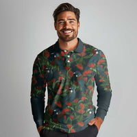 New Zealand Christmas Long Sleeve Polo Shirt Romantic Tui Birds on Pohutukawa - Cobalt LT7 - Polynesian Pride