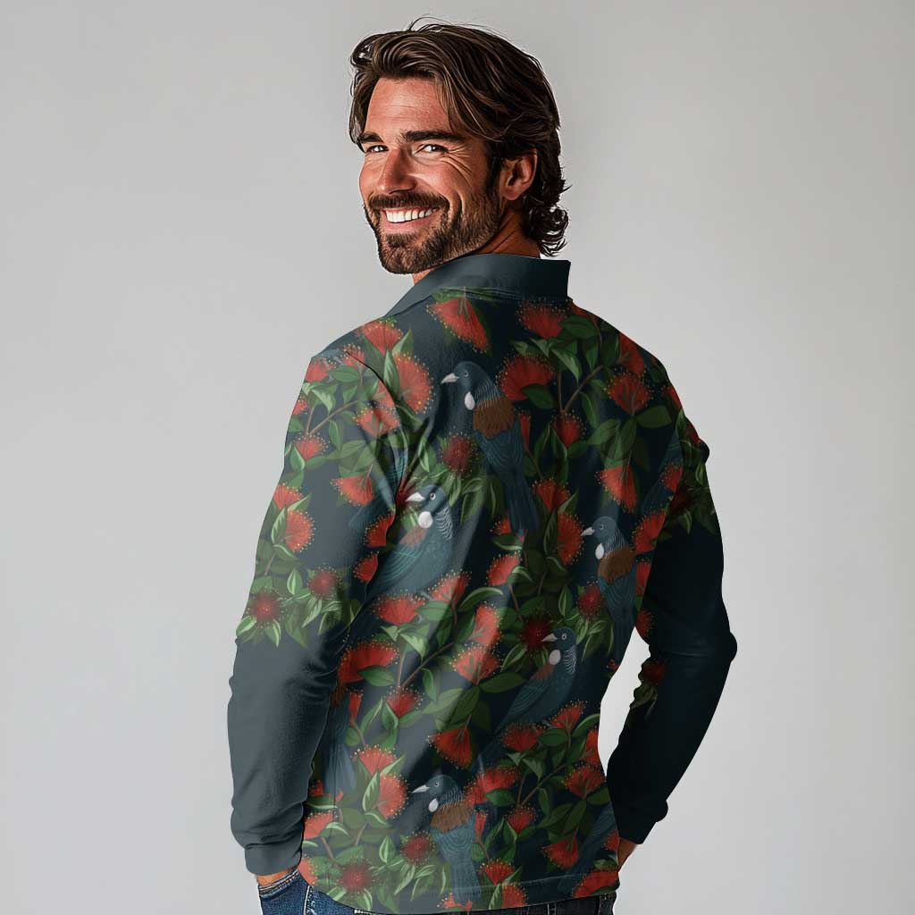 New Zealand Christmas Long Sleeve Polo Shirt Romantic Tui Birds on Pohutukawa - Cobalt LT7 - Polynesian Pride