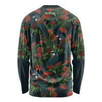 New Zealand Christmas Long Sleeve Shirt Romantic Tui Birds on Pohutukawa - Cobalt LT7 - Polynesian Pride