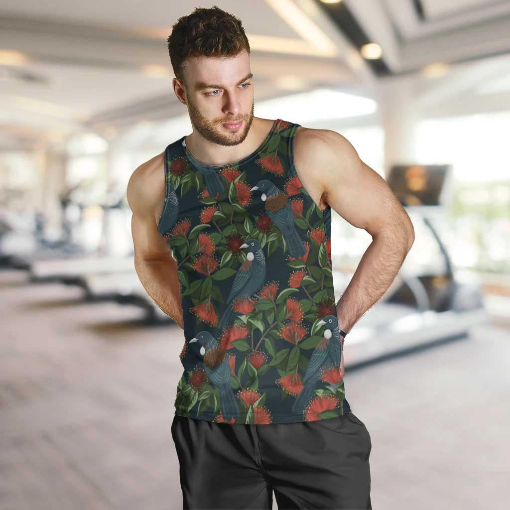 New Zealand Christmas Men Tank Top Romantic Tui Birds on Pohutukawa - Cobalt LT7 Cobalt - Polynesian Pride