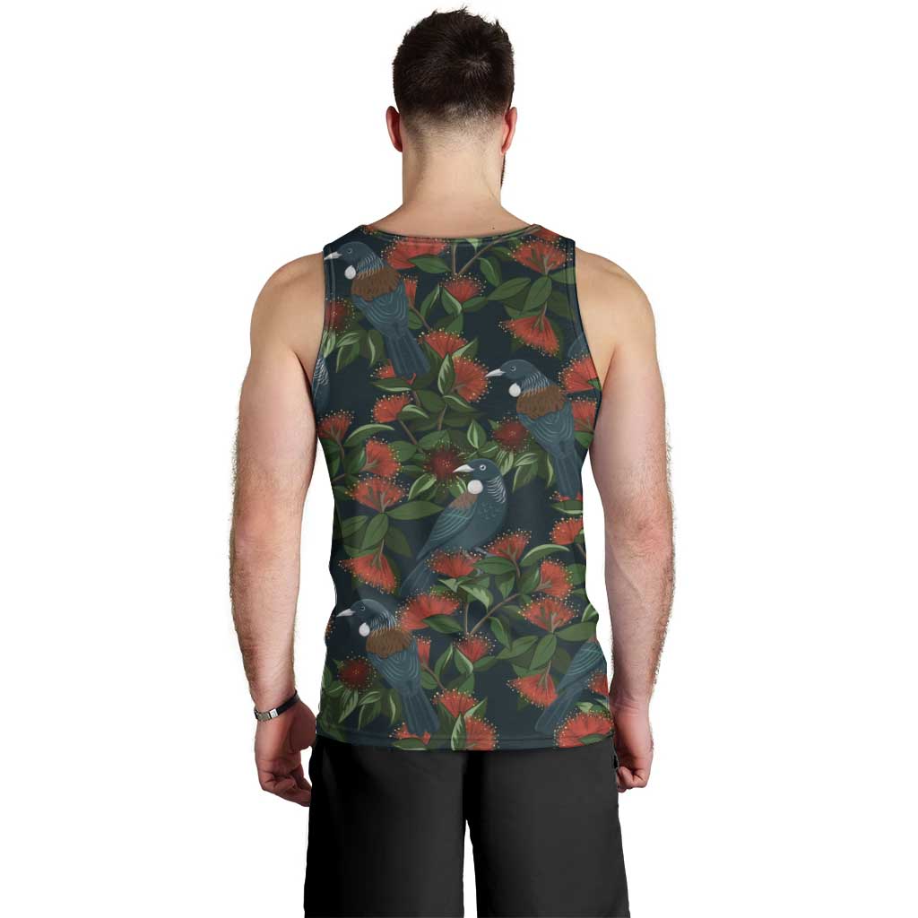 New Zealand Christmas Men Tank Top Romantic Tui Birds on Pohutukawa - Cobalt LT7 - Polynesian Pride