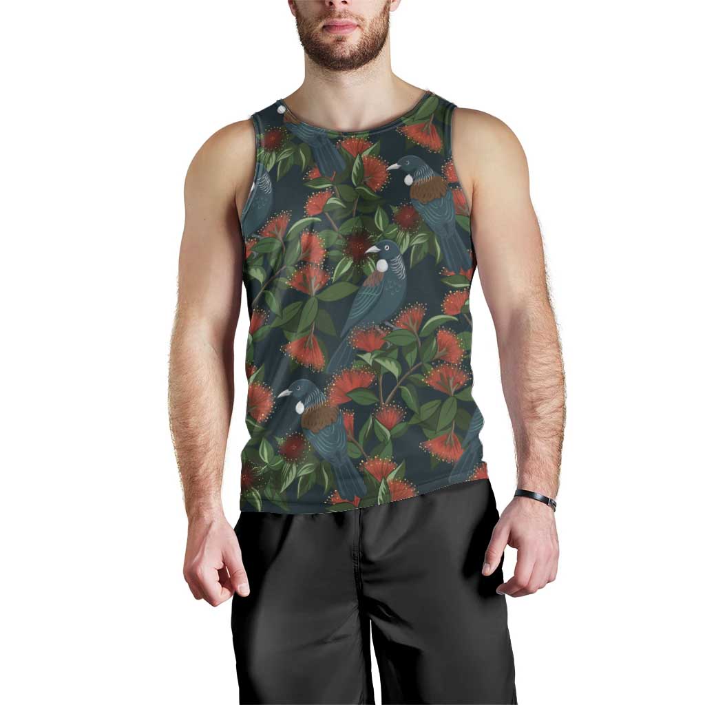 New Zealand Christmas Men Tank Top Romantic Tui Birds on Pohutukawa - Cobalt LT7 - Polynesian Pride