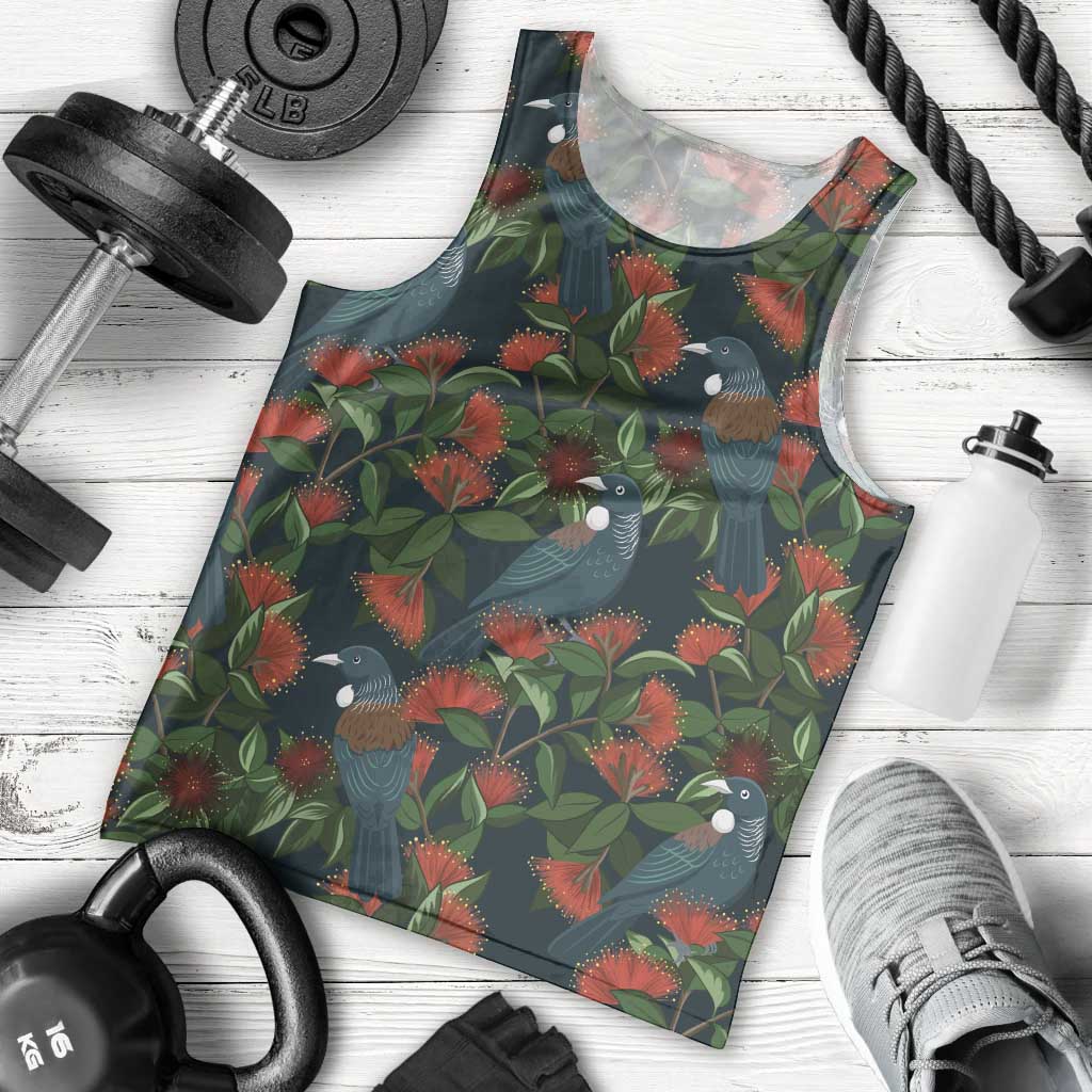 New Zealand Christmas Men Tank Top Romantic Tui Birds on Pohutukawa - Cobalt LT7 - Polynesian Pride