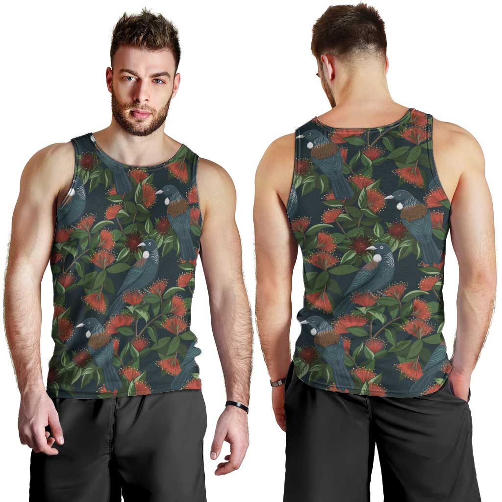 New Zealand Christmas Men Tank Top Romantic Tui Birds on Pohutukawa - Cobalt LT7 - Polynesian Pride