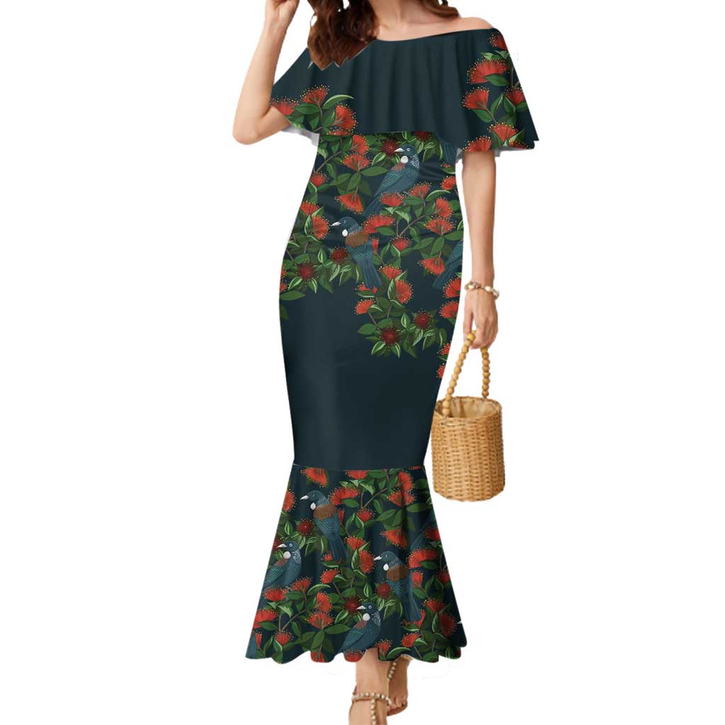New Zealand Christmas Mermaid Dress Romantic Tui Birds on Pohutukawa - Cobalt LT7 Women Cobalt - Polynesian Pride