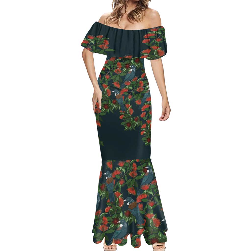 New Zealand Christmas Mermaid Dress Romantic Tui Birds on Pohutukawa - Cobalt LT7 - Polynesian Pride