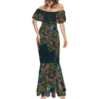 New Zealand Christmas Mermaid Dress Romantic Tui Birds on Pohutukawa - Cobalt LT7 - Polynesian Pride