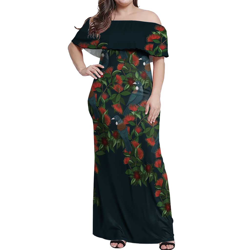 New Zealand Christmas Off Shoulder Maxi Dress Romantic Tui Birds on Pohutukawa - Cobalt LT7 Women Cobalt - Polynesian Pride