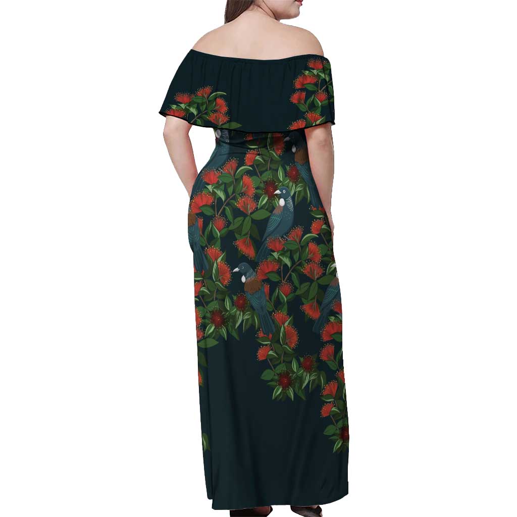 New Zealand Christmas Off Shoulder Maxi Dress Romantic Tui Birds on Pohutukawa - Cobalt LT7 - Polynesian Pride
