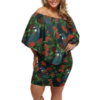 New Zealand Christmas Off Shoulder Short Dress Romantic Tui Birds on Pohutukawa - Cobalt LT7 Women Cobalt - Polynesian Pride
