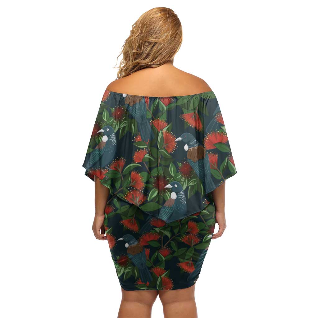 New Zealand Christmas Off Shoulder Short Dress Romantic Tui Birds on Pohutukawa - Cobalt LT7 - Polynesian Pride