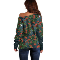 New Zealand Christmas Off Shoulder Sweater Romantic Tui Birds on Pohutukawa - Cobalt - Polynesian Pride