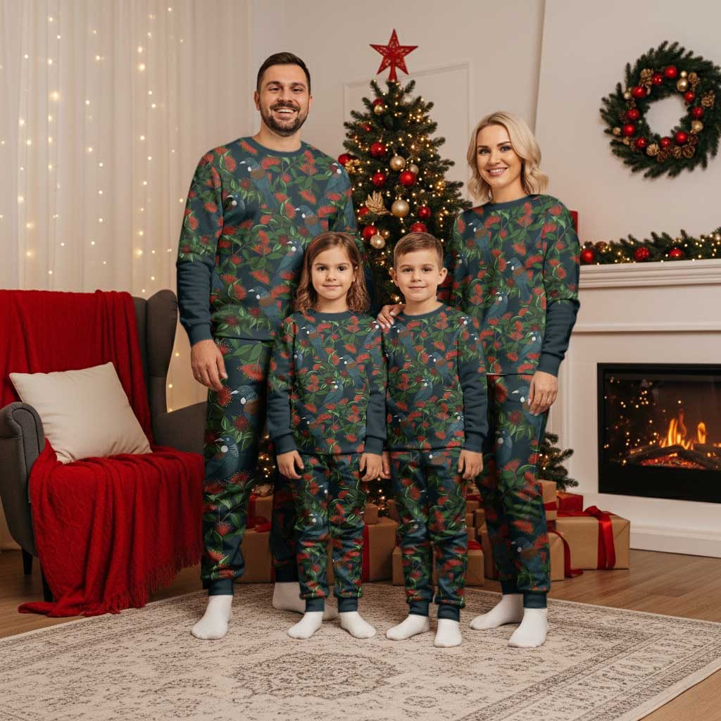 New Zealand Christmas Pajama Set Romantic Tui Birds on Pohutukawa - Cobalt - Polynesian Pride