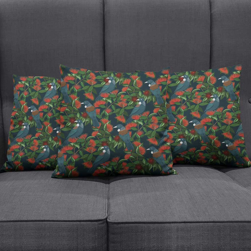 New Zealand Christmas Pillow Cover Romantic Tui Birds on Pohutukawa - Cobalt LT7 - Polynesian Pride